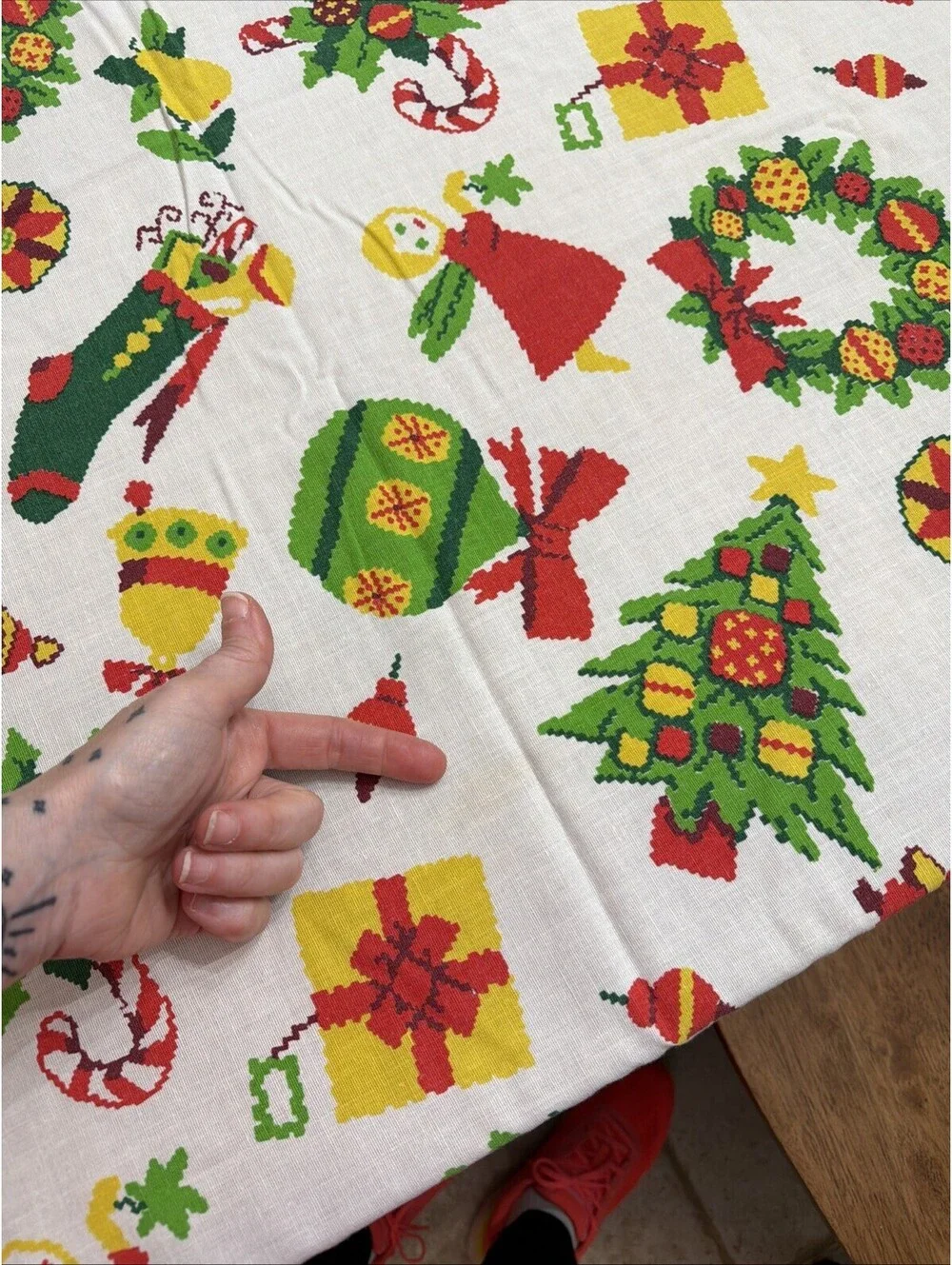 VTG Christmas Tablecloth Kitschy Mid Century Santa Angel Wreath Candy Cane 58x84
